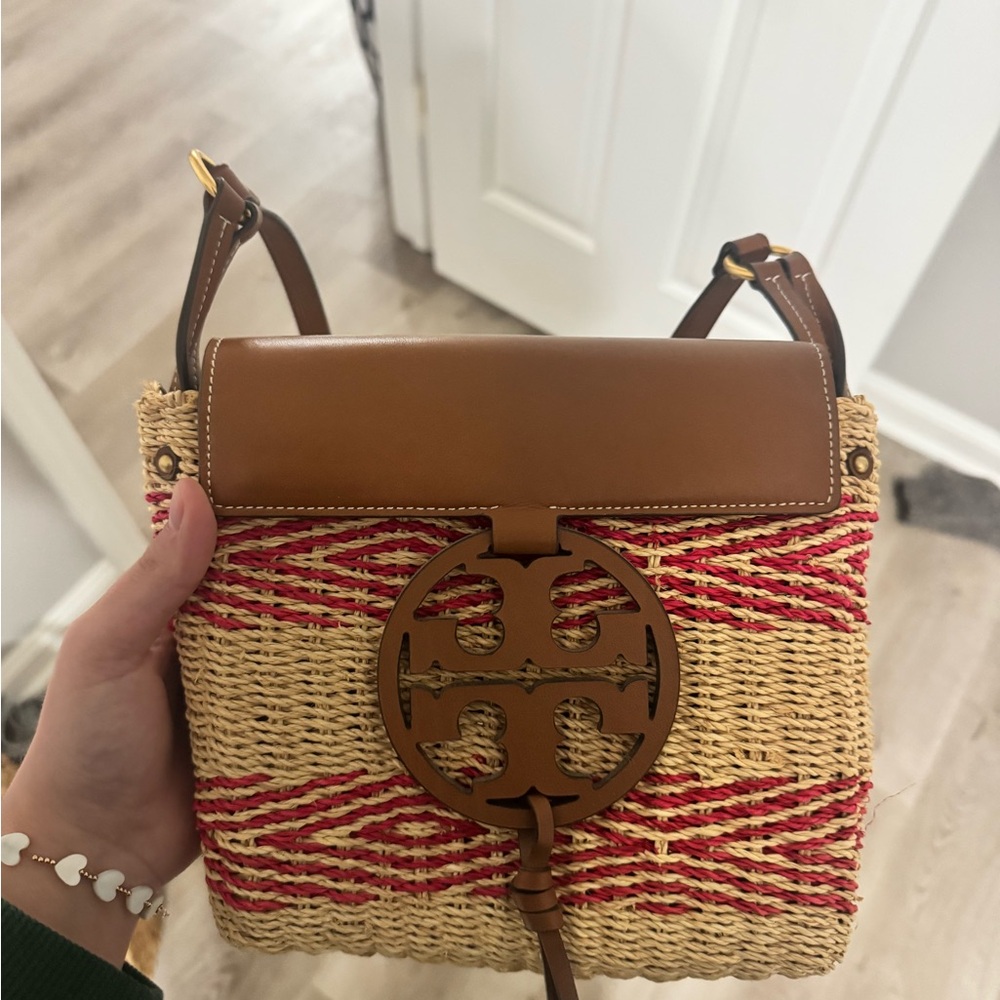Tory Burch Tan and Red Woven Crossbody Bag